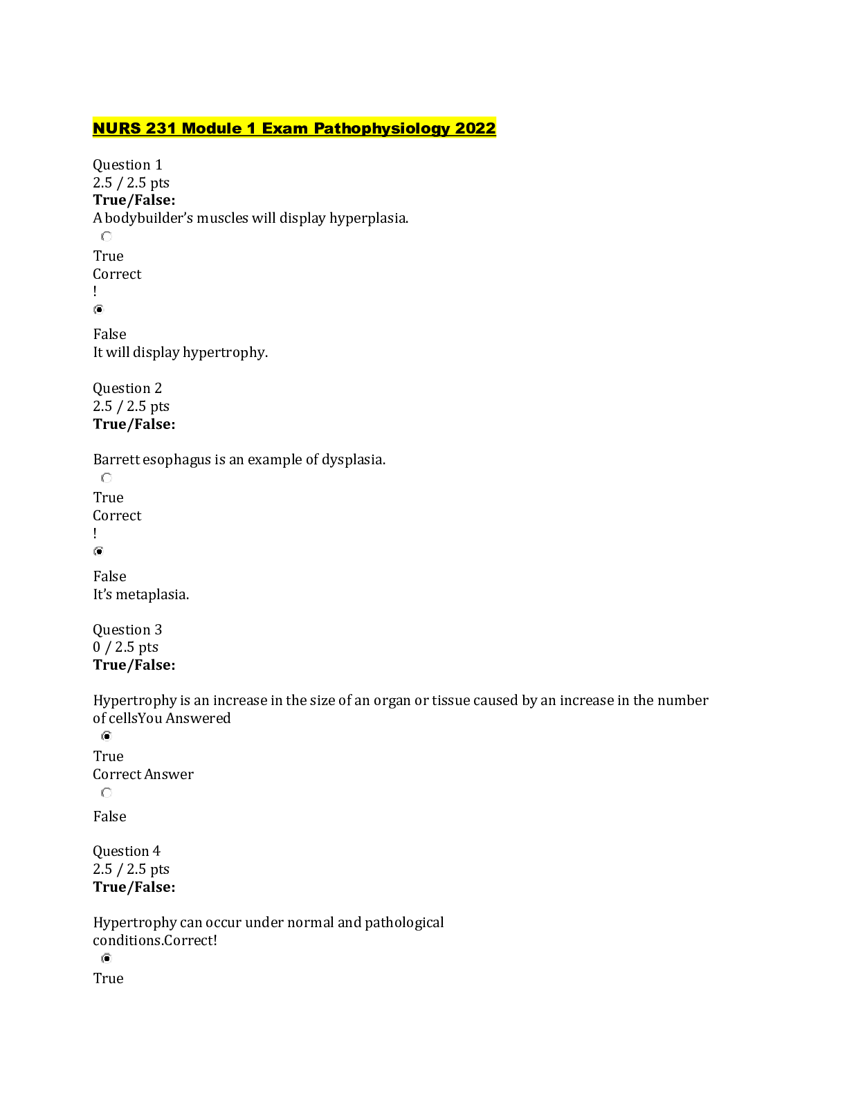 Preview of NURS 231 Module 1 Exam Pathophysiology 2022